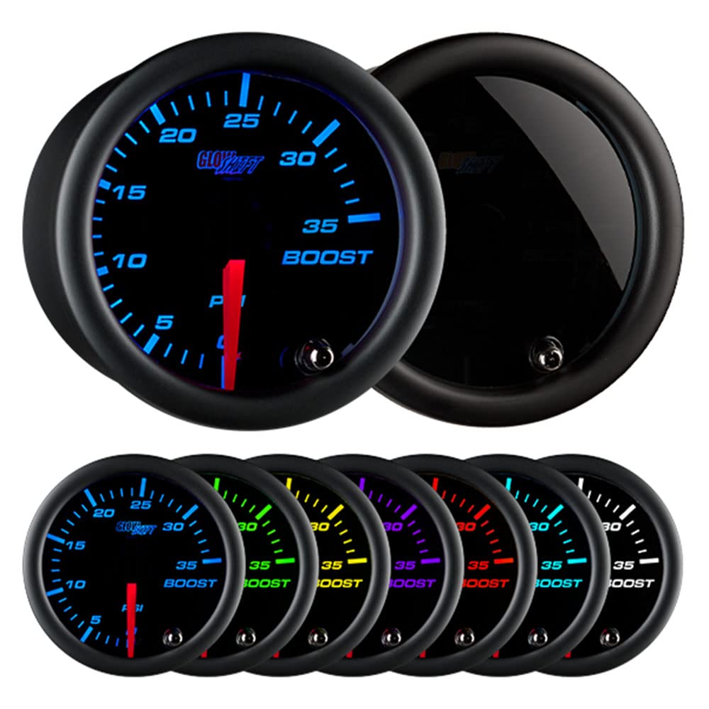 GlowShift Tinted 7 Color 35 PSI Turbo Boost Gauge Kit - Includes Mechanical Hose & Fittings - Black Dial - Smoked Lens - for Car & Truck - 2-1/16"