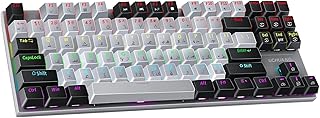 كيبورد ألعاب باللغة الإنجليزية والعربية مع تأثيرات إضاءة خلفية ليد ار جي بي مختلفة واختصار وظيفة الوسائط المتعددة وUSB سلكي ميكانيكي مقاوم للماء 87 مفتاحا من اوشوانج - رمادي وأسود