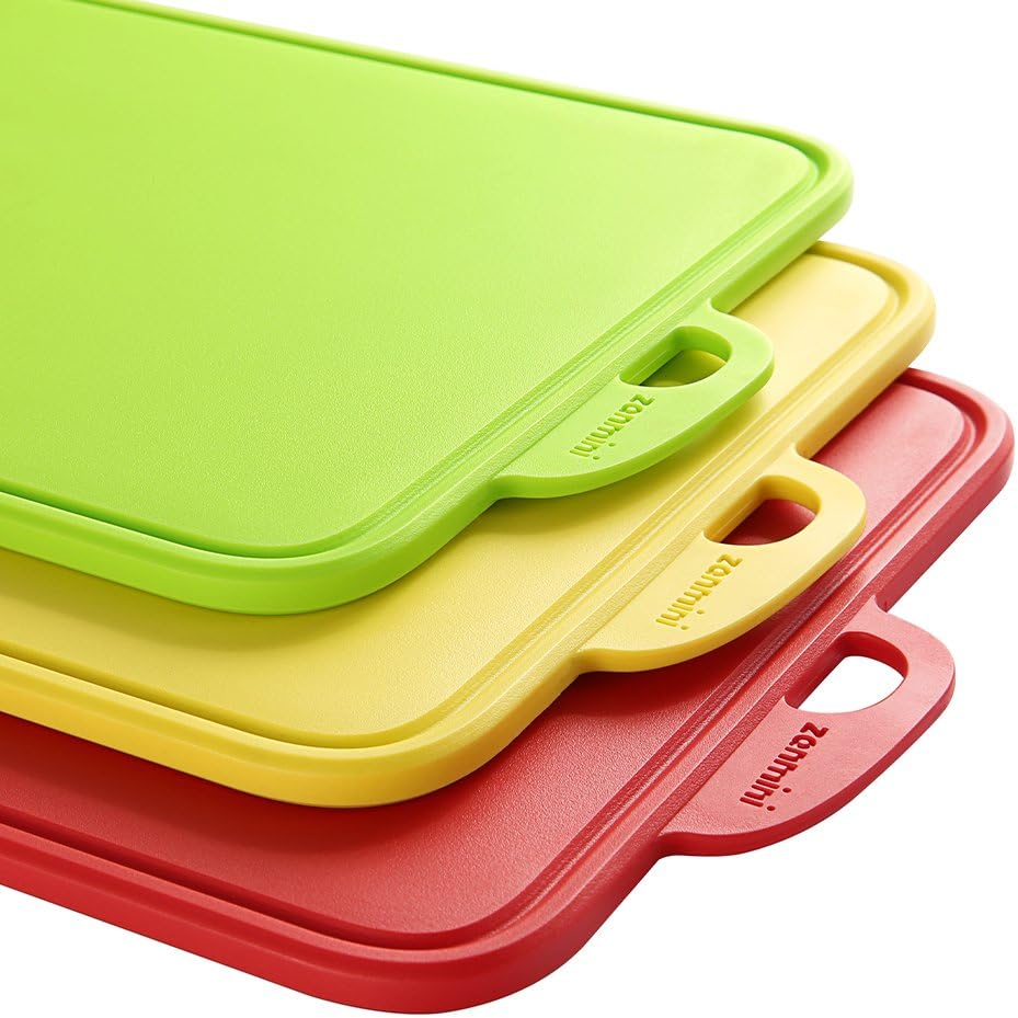 Zanmini Chopping Board Cutting Board Meat Fruit Set of 3 Food Grade PP Non-slip Feet Kitchen Cutting Boards with Hanging Hole and Stand,Dishwasher Safe Good Kitchen Tools for Chef (RED, GREEN, YELLOW)