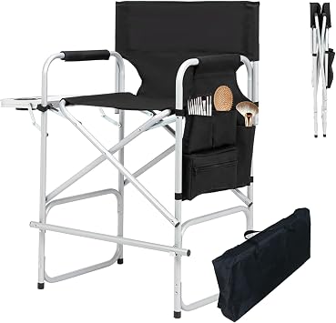 Makeup Chair for Makeup Artist 41,Tall Directors Chairs Foldable with Side Table Cup Holder Storage Bag and Footrest, Folding Chair Makeup Chair for Clients 400lbs Capacity
