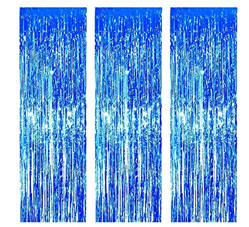 3 Pack Foil Curtains Metallic Foil Fringe Curtain for Birthday Party Photo Backdrop Wedding Event Decor (Blue)