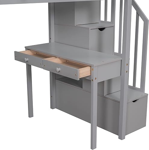 Miniatura 51 de Cama tipo loft de tamaño individual con 3 estantes, 2 armarios y 2 cajones, cama alta funcional con escalera de almacenamiento, marco de cama loft