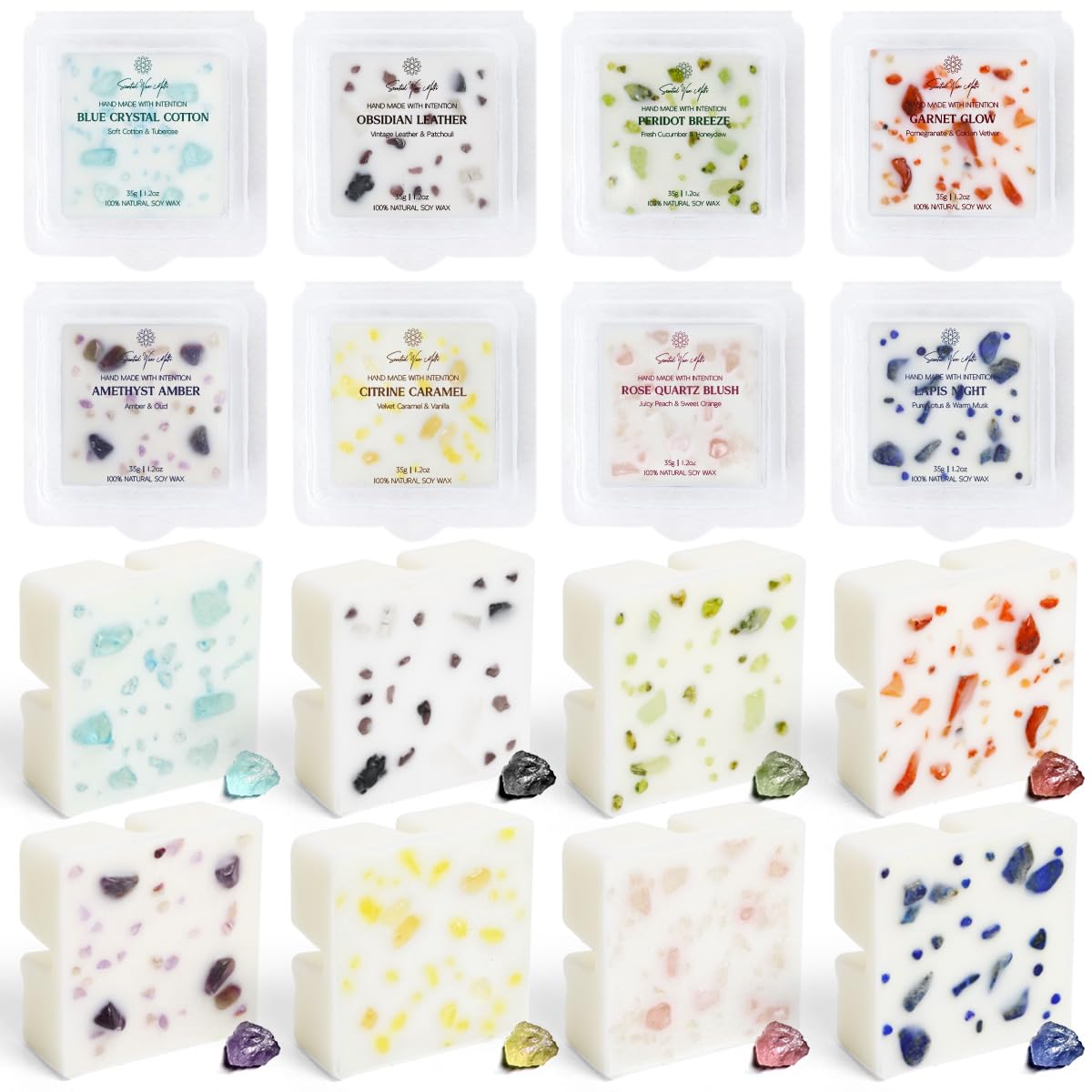 Scented Wax Melts Gift Set – 8 Fragrances with Crystal Details – Peach, Vanilla Caramel, Midsummer Night, Leather & More – Soy Wax Cubes for Wax Warmers, Gift Set for Mother's Day, Christmas, Birthday