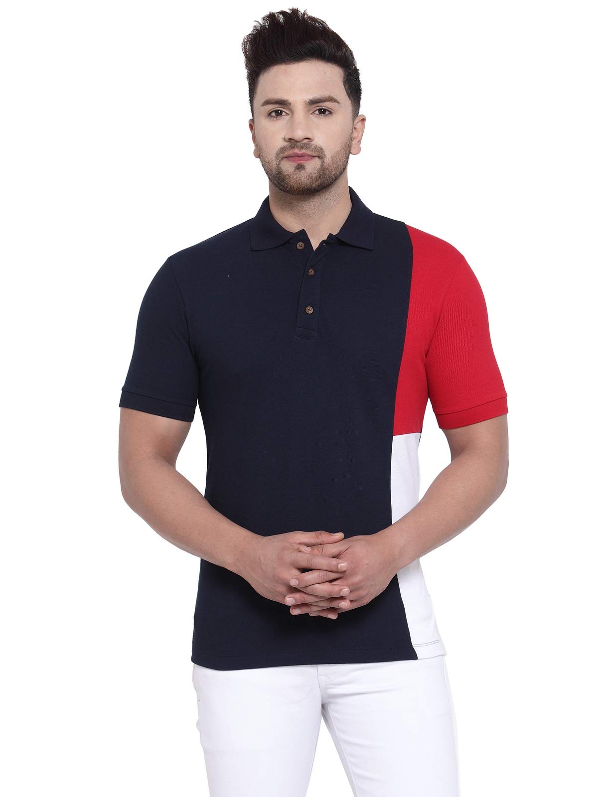 kalt Men Half Sleeves Polo Neck Cotton Blend T-Shirt(Navy::White::Red)-picture-32