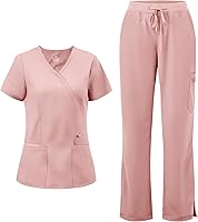 COZYSCRUBS Women's Mock Wrap Scrubs Set: Soft Straight Leg Top & Pants, 6 Pockets, Princess Seams
