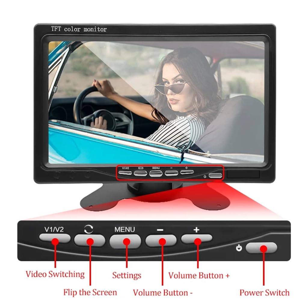 Monitor de Coche de 12V y 7 Pulgadas, Monitor Retrovisor LCD 16:9 800x480 con Entrada de Vídeo de 2 Vías para Cámara de Visión Trasera, Estacionamiento en Marcha Atrás