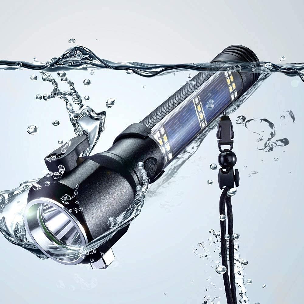 HOME EASE Aluminum 7 Mode Rechargeable Solar LED Torch Light, High Power 500 Lumens Flashlight with Long Distance Beam, Window Breaker, Magnet, Cutter & Compass for Car Emergency & Outdoor Use-image-6
