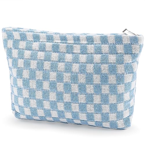ZLFSRQ Checkered Makeup Bag for Women Large Capacity Blue Travel Cosmetic Bag Set Makeup Pouch for Purse Zipper Toiletry Organizer Cute Y2K Aesthetic Trendy Adults Zipper Skincare Storage Organizer