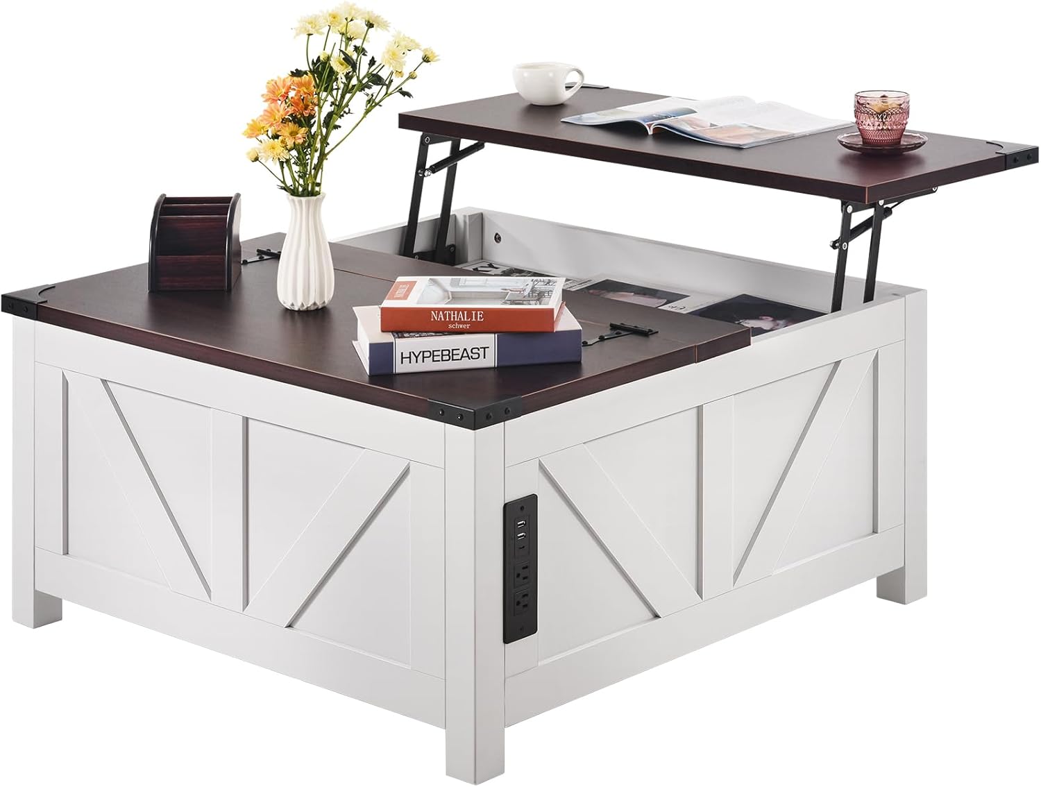 VEVOR 36" Farmhouse Coffee Table, Hinged Lift Top Square Coffee Table with Built-in Power Strip, Wooden Rustic Cocktail Table for Living Room, Bedroom, Apartment, Studio, Brown & White