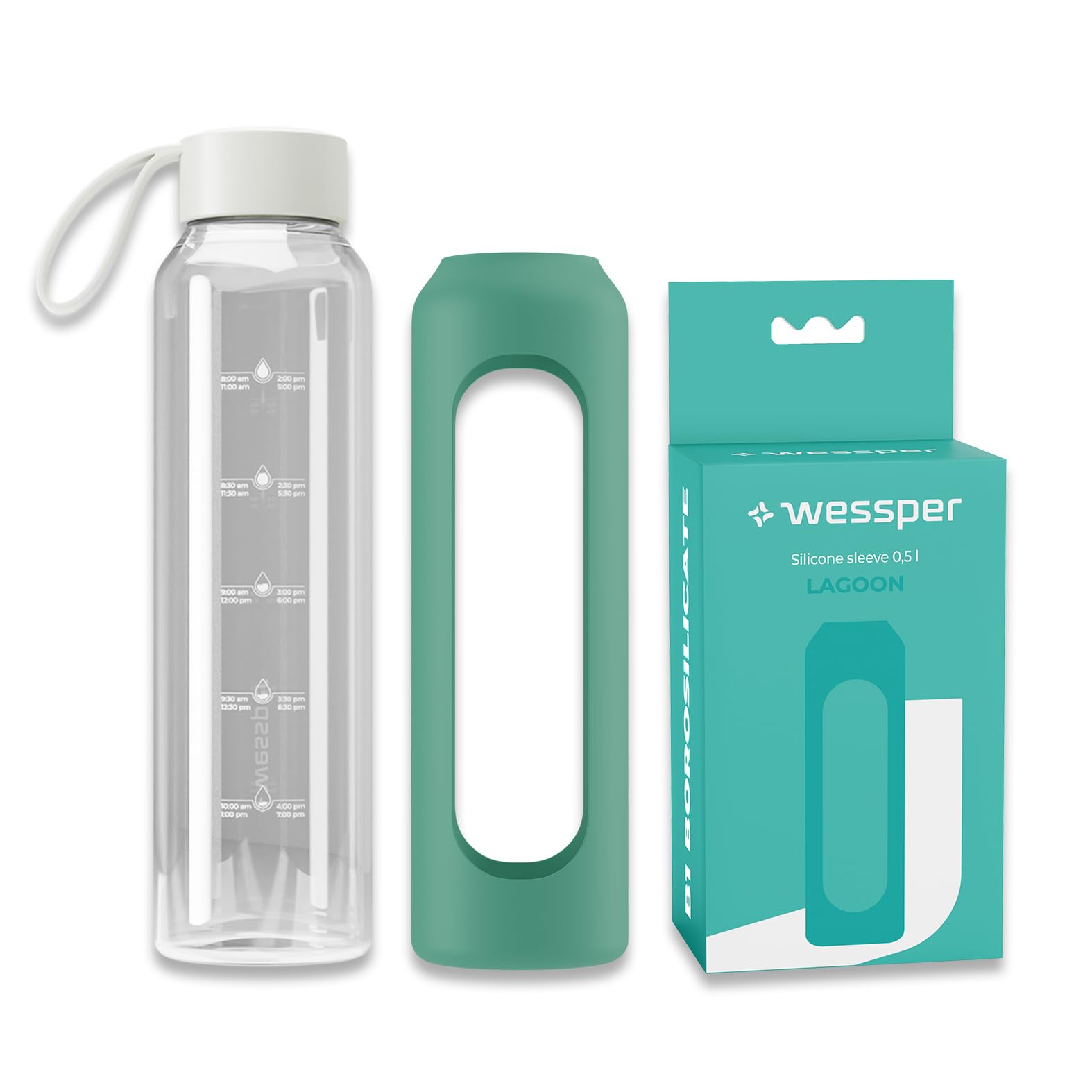 Wessper Glass Water Bottle 500ml with Silicone Sleeve, Borosilicate Glass, Time Marker, BPA-Free, Reusable Sports Bottle for Gym, School, Office – Lagoon
