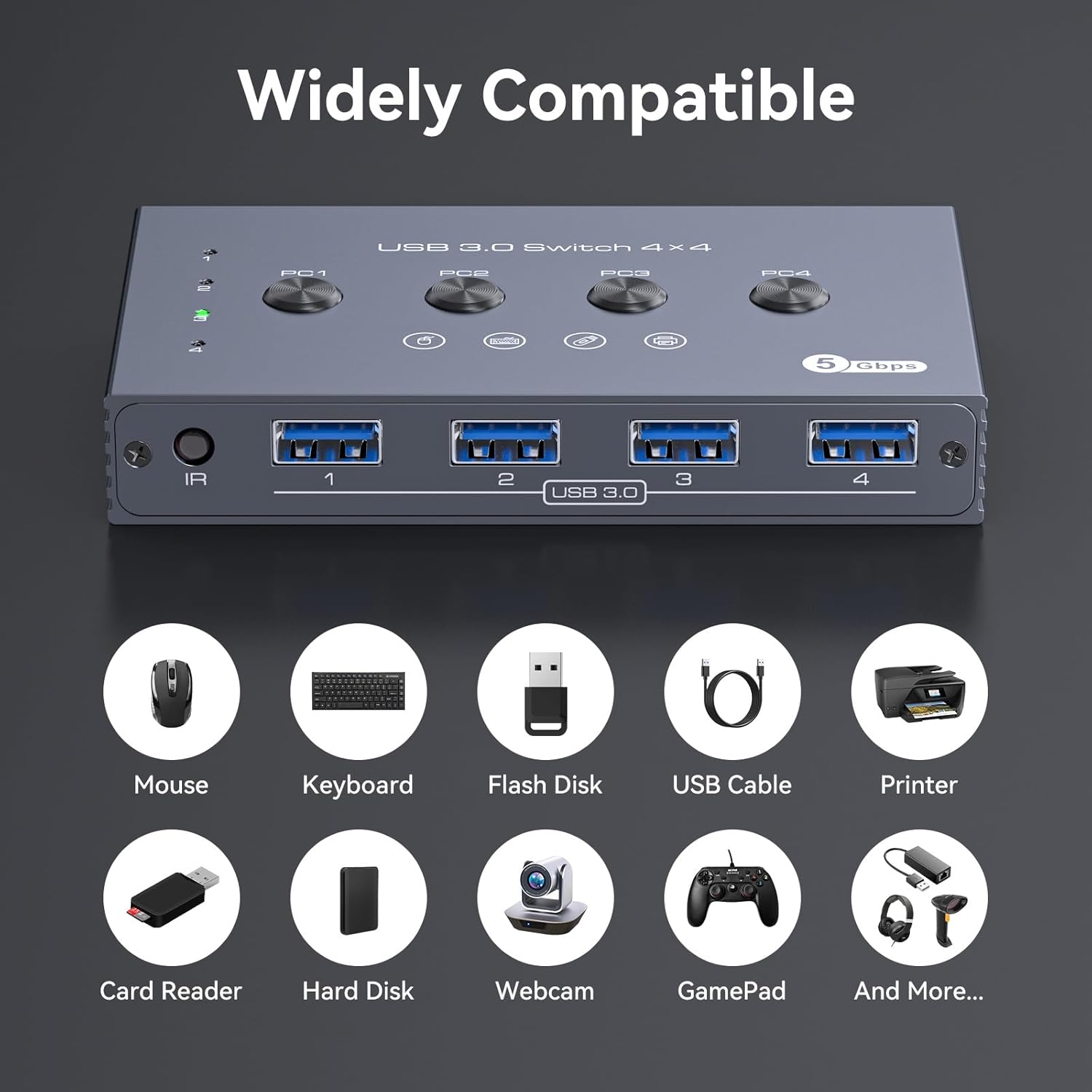 USB 3.0 Switch Selector 4 Computers Share 4 Port USB A Devices for Mouse Keyboard Printer Scanne with Wireless Remote Control and Cable Included
