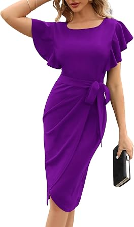 HELYO Womens Elegant V-Back Ruffle Sleeve Sheath Dresses Belted Ruched Elegant Casual Work Cocktail Party Dress