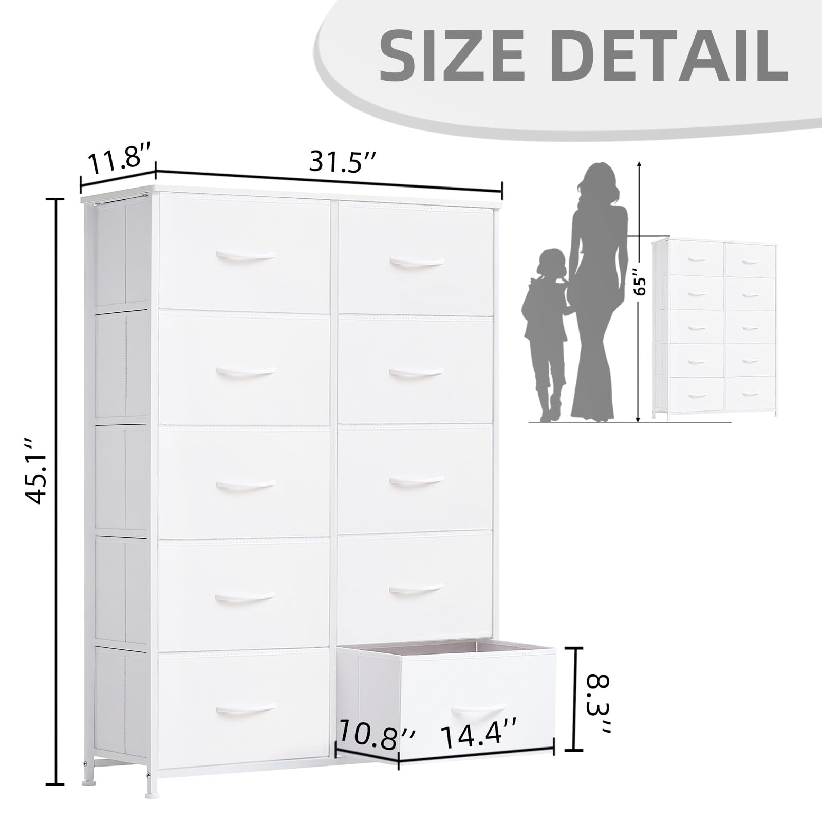 Somdot Comoda con Cajones de Tela, Cajonera Dormitorio, Armario para Salón, Estudio y Habitación Infantil, Gavetero, 30 Profundidad x 80 Ancho x 114,5 Alto (10 Cajones), Blanca