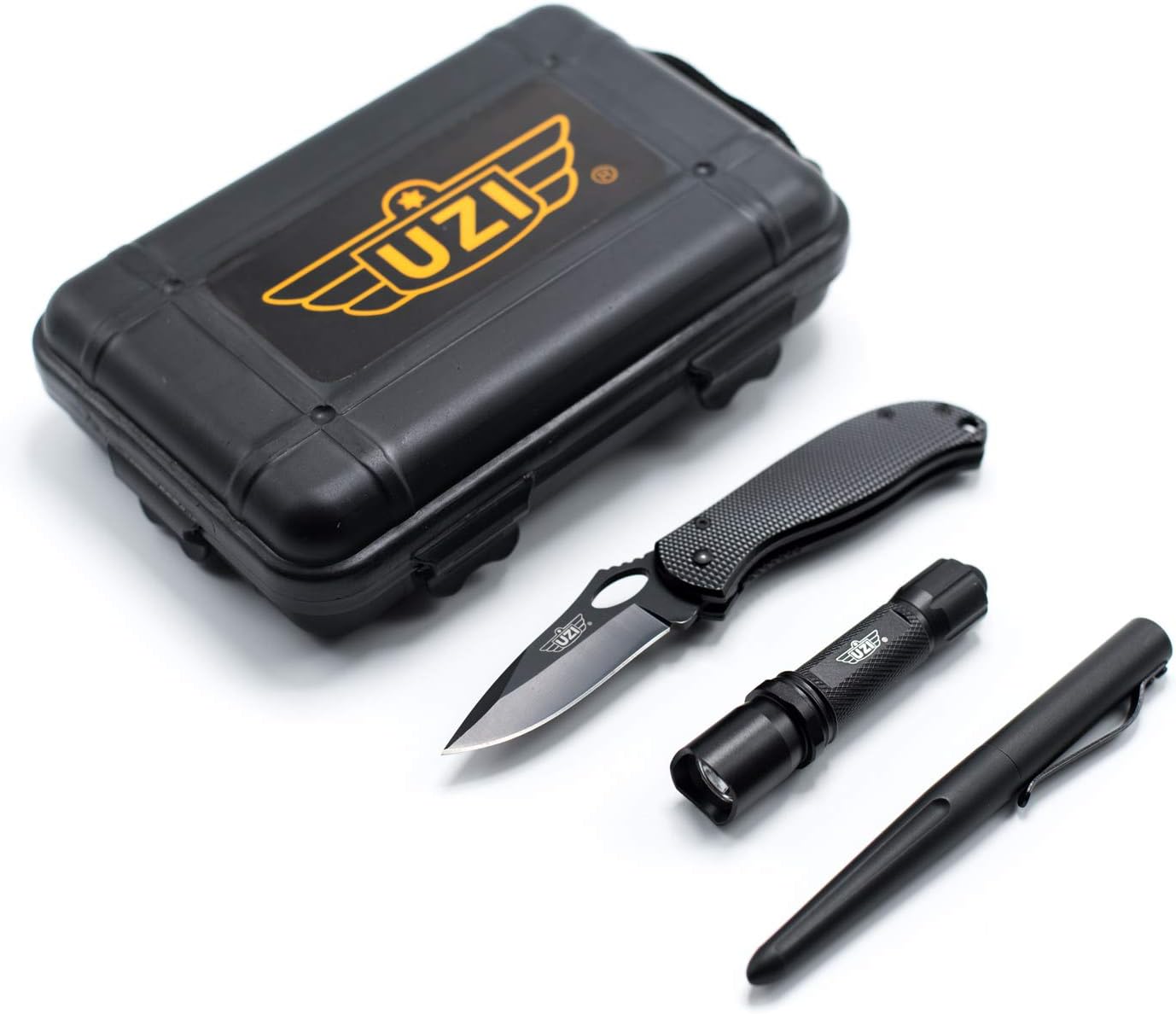 UZI TACPAK-1 Tactical Combo Pack with 2.75-Inch Stainless Steel Folding Knife, Tactical Pen and LED Flashlight