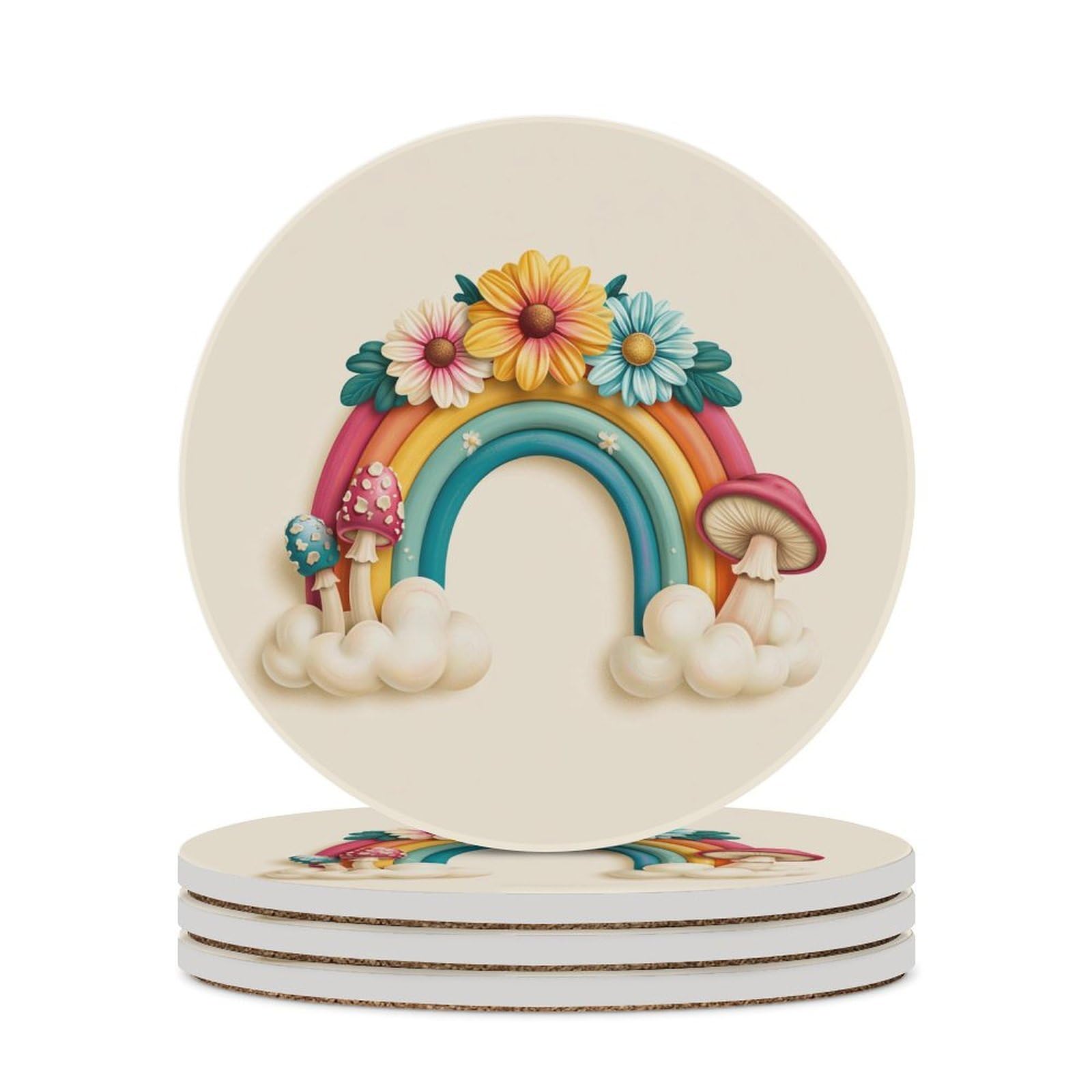 Retro Rainbow with Daisies And Mushrooms Coasters Set of 4 Absorbent Coasters