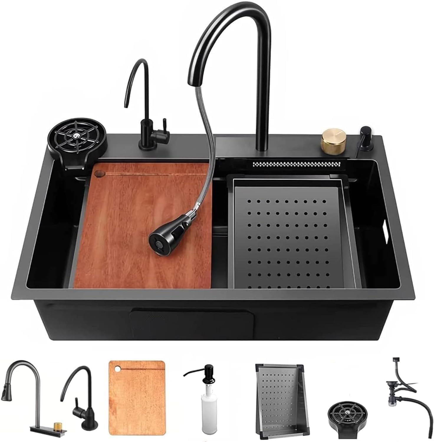 Golden 24"x18"x08" Single Bowl Waterfall Kitchen Sink Honeycomb Embossed with Black Nano Coating, Stainless Steel, Rectangular Workstation, Faucet with all Accessories. (Black) (B0DC118CW6) Amazon Price History, Amazon Price Tracker