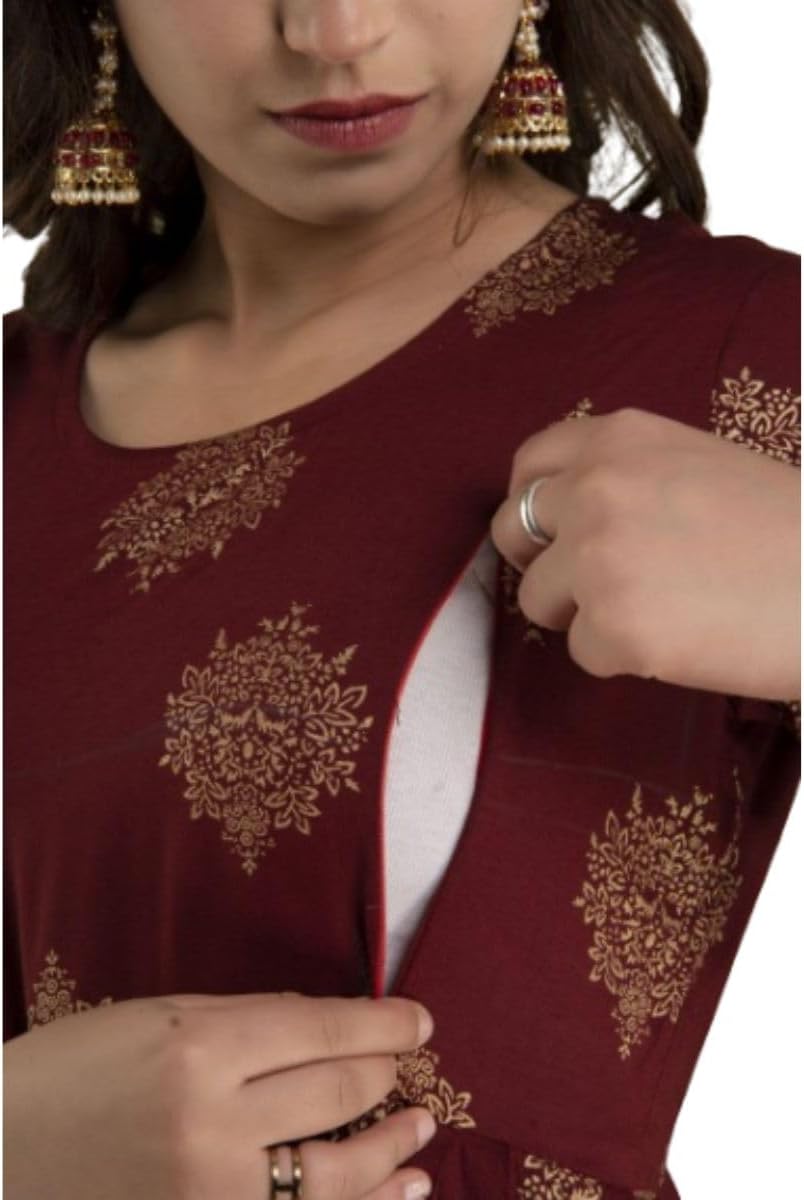 SukritiWomen's Maternity Gold Printed Dress Dual Zipped for Feeding Nursing Maternity Comfort Dress Kurti