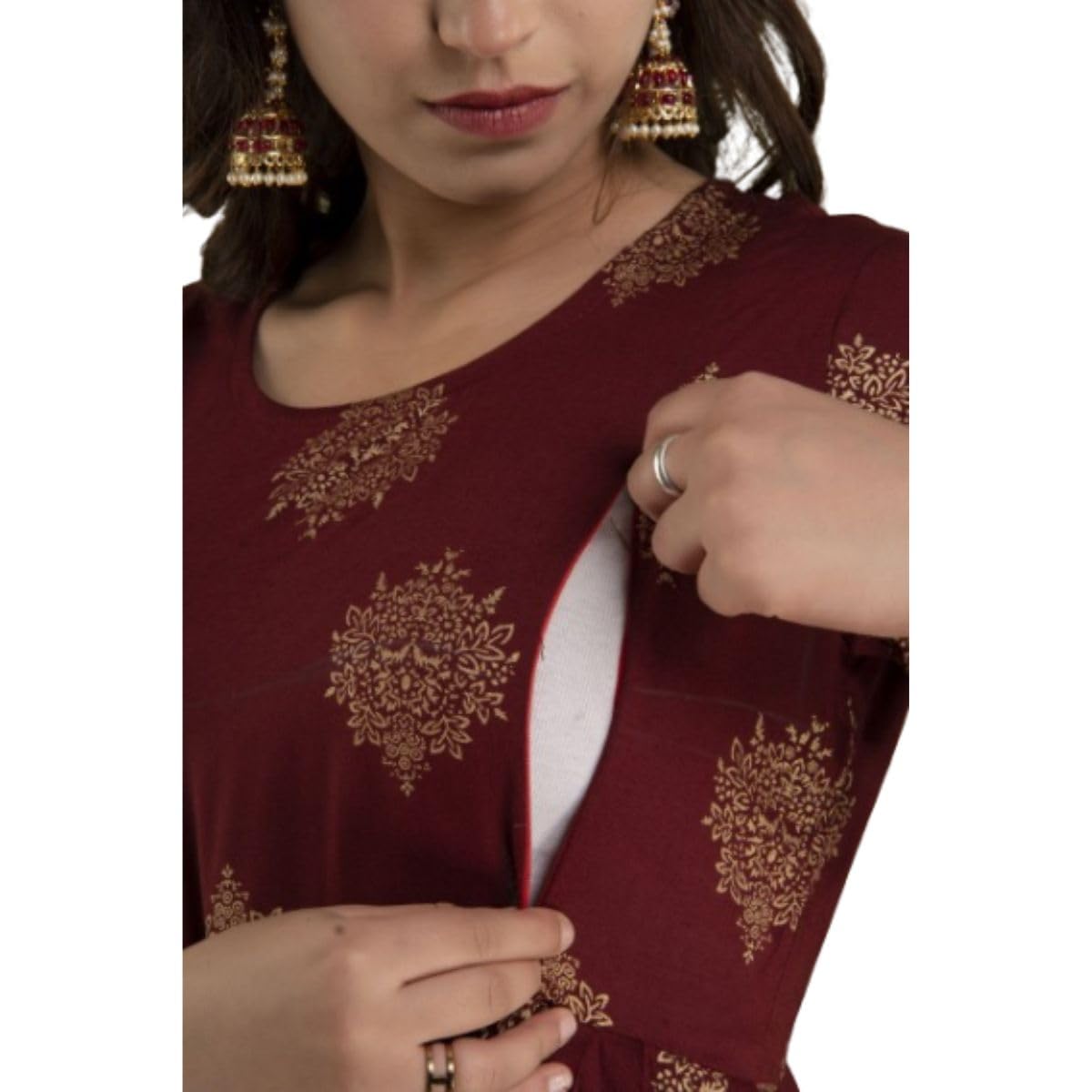 SukritiWomen's Maternity Gold Printed Dress Dual Zipped for Feeding Nursing Maternity Comfort Dress Kurti