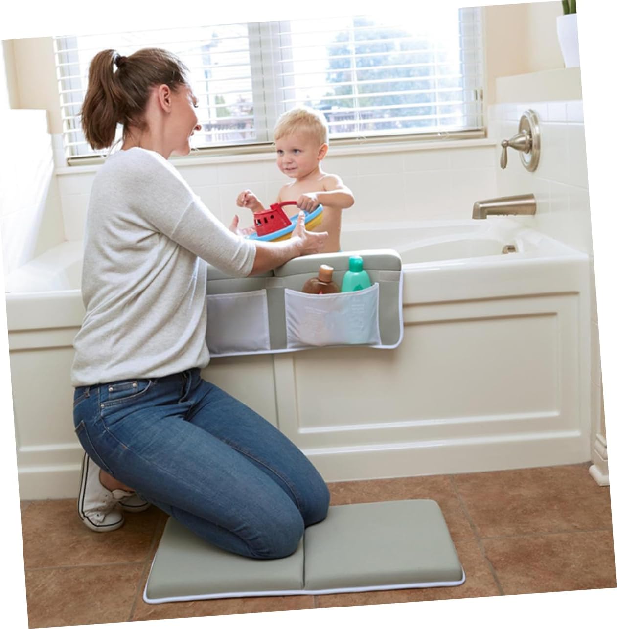 1pc Non- Bathtub Kneeling Cushion Hanging Pouch Foldable Bathroom Storage Bag for Essentials Grey Bath Mat Strong Cups for Parents