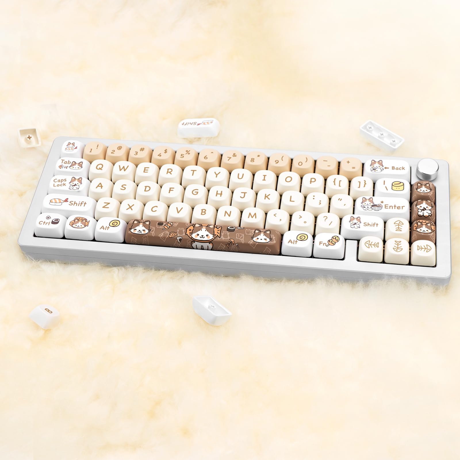 142 Teclas Lindas Teclas de Perfil Moa, Teclas PBT, Teclas Personalizadas Gatos, Teclas Blancas 60 por ciento Lindas Teclas para Teclado Mecánico