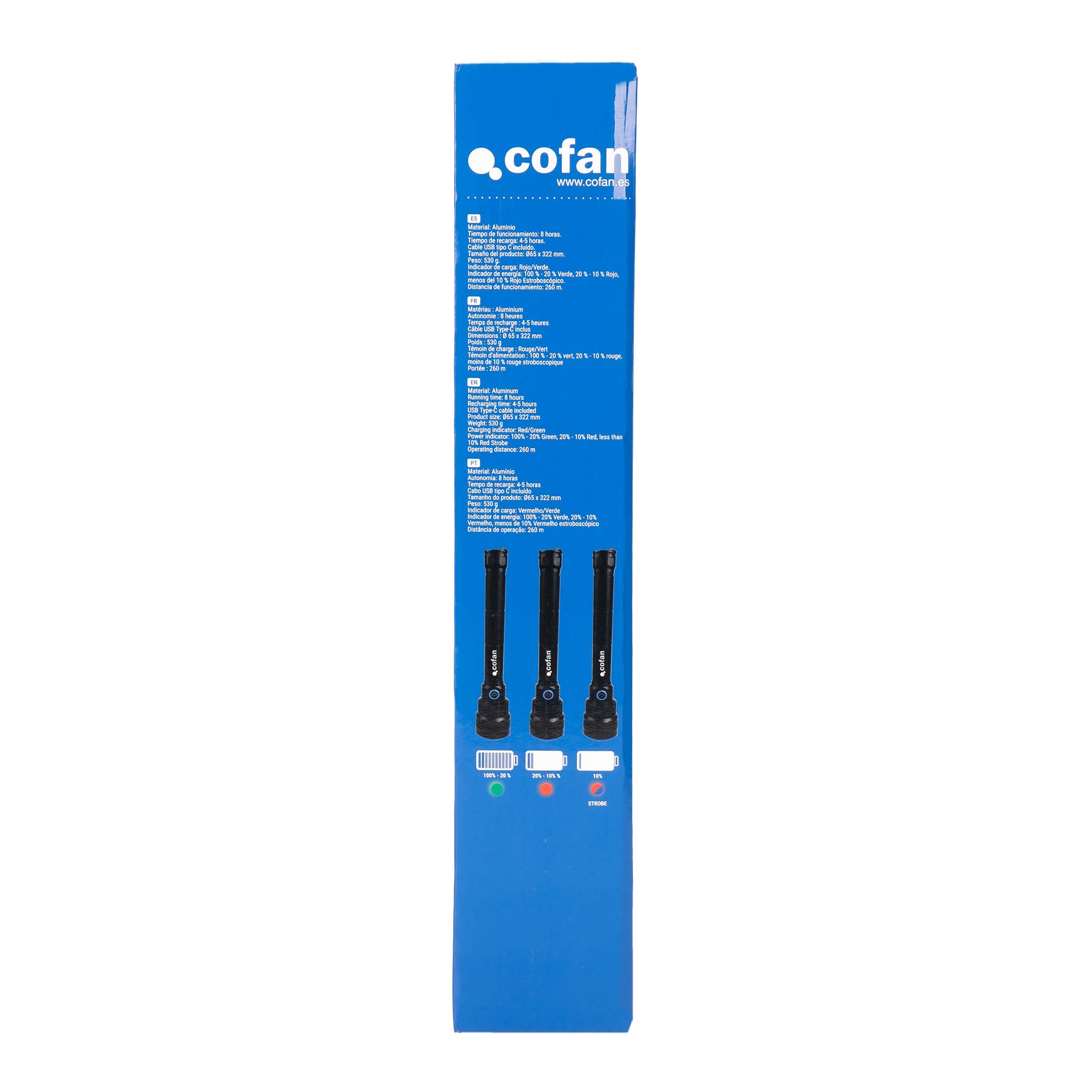 Cofan Linterna LED Recargable Alta Potencia, 18000 LM, 6 Modos de Luz, Linterna de Mano Recargable USB-C, Protección IP44, Alcance 260 m