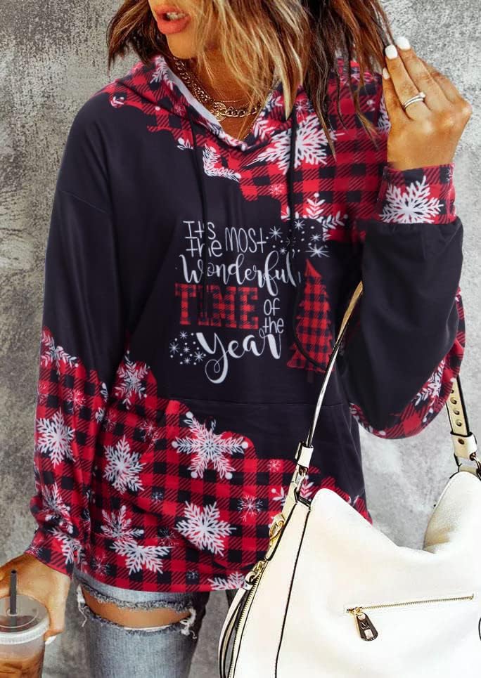 TAOHONG Merry Christmas Sweartshirt for Women Xmas Buffalo Plaid Tree Tops Color Block Snowflake Print Long Sleeve Shirt - Image 4