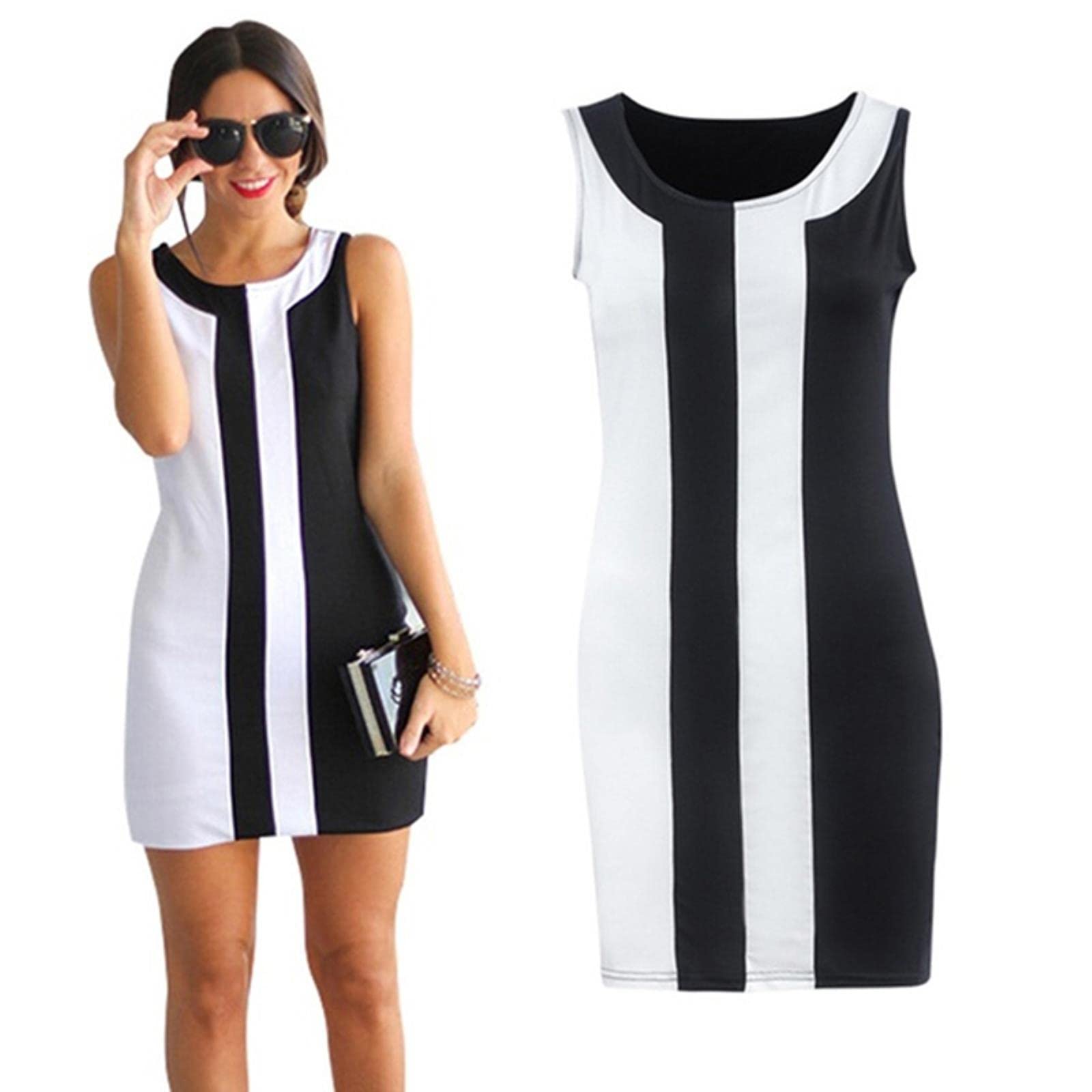 Vestito Donne Vestito Sexy Moda Estate Nero Nero Cuciture O-Collo Senza Maniche Sexy Abiti da Ufficio