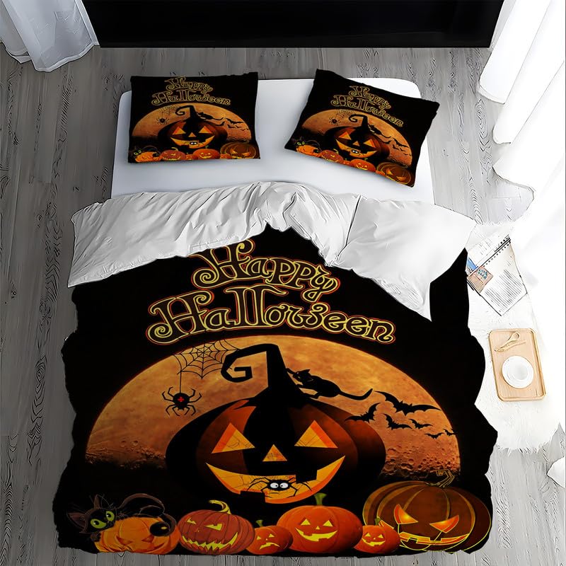 ZLJBB Bettwäsche 135x200 Kinder Halloween-KüRbis Bettwäsche Set 3 Teilig, Mikrofaser Bettbezug 135 x 200 mit 3D Muster, 1x Bettbezüge mit Reißverschluss Schließung und 2X Kissenbezug 80x80 cm