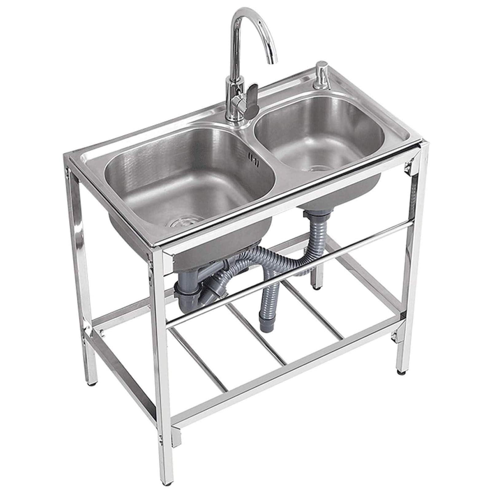 LMYSXAOZ Commercial Restaurant Sink, Stainless Steel Free Standing Kitchen Sink with Hot and Cold Faucet, Double Bowl Catering for Laundry Room