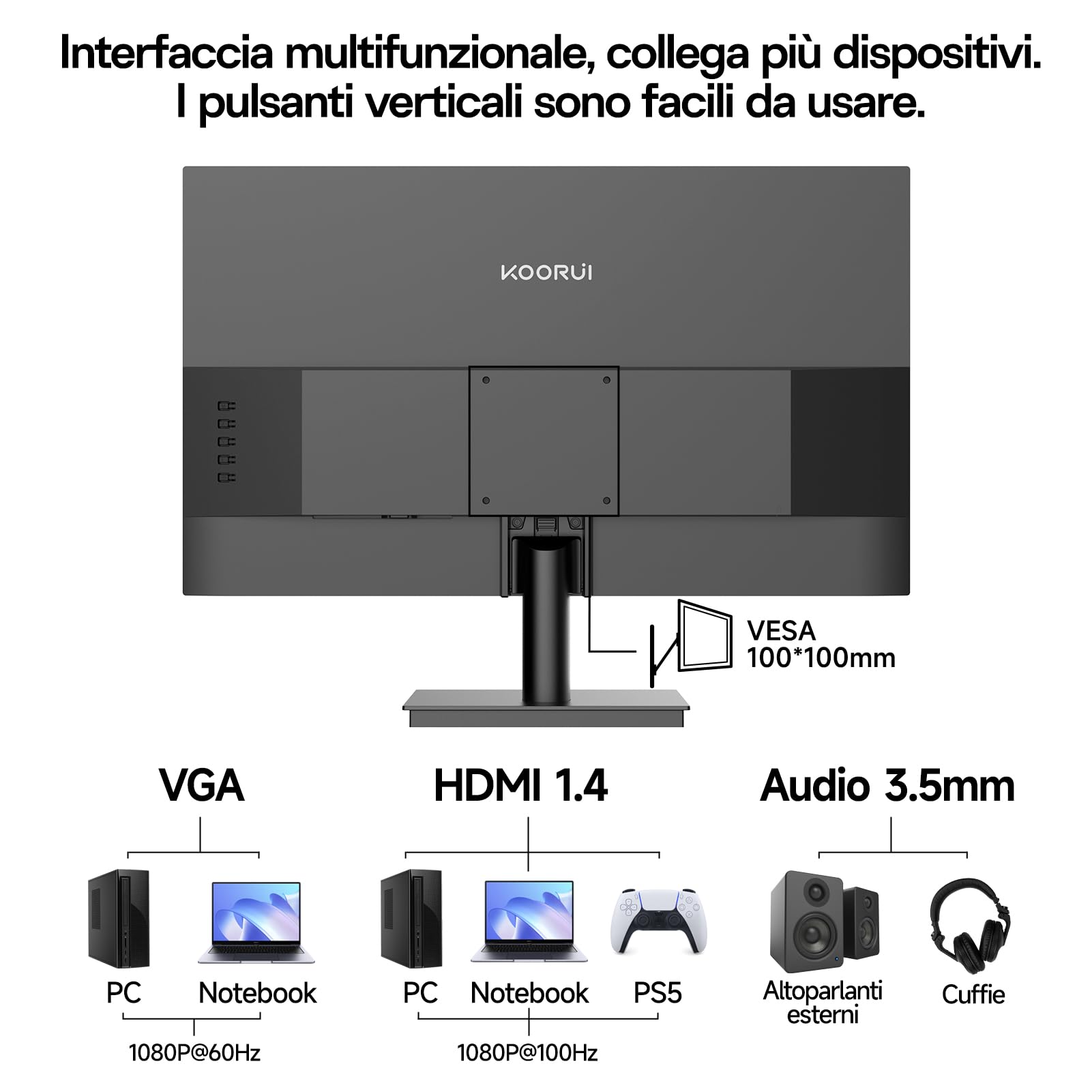 KOORUI Schermo da 24 pollici, Monitor IPS FHD 1920 x 1080, Monitor per PC a 100 Hz, con Protezione Oculare, HDMI &VGA, VESA 100 x 100 mm