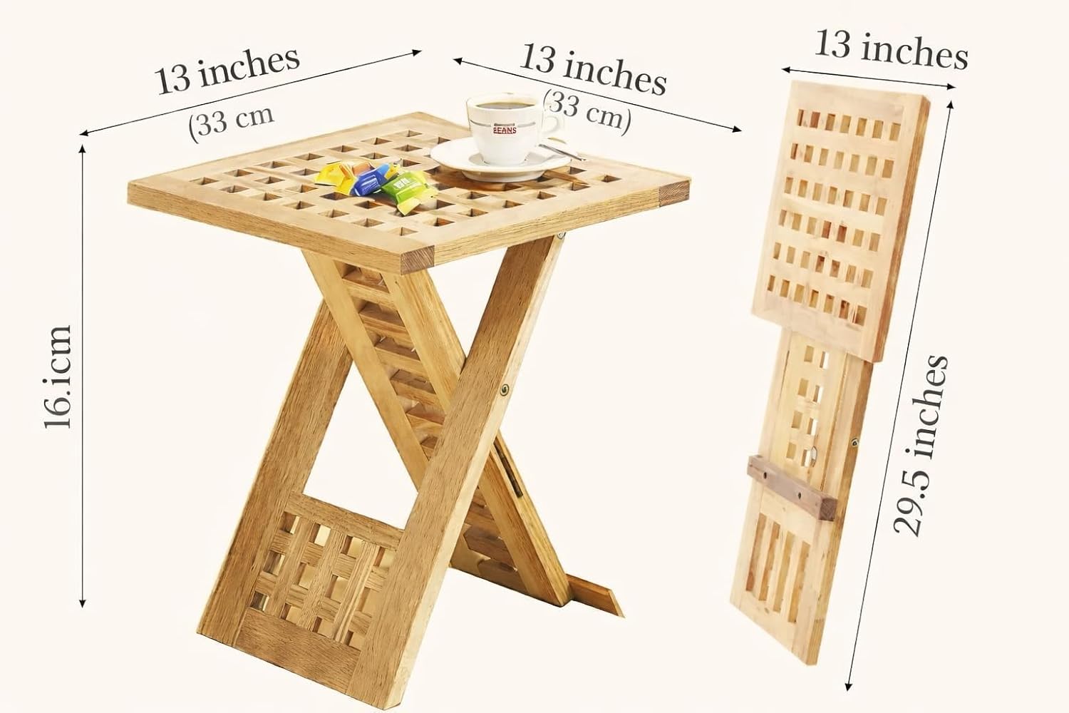 Foldable Wooden Side Table with Lattice Design – Compact Square Accent Table for Indoors & Outdoors – Solid Elm Wood Folding Table for Patio, Balcony, Bedroom, Living Room, or Garden Use