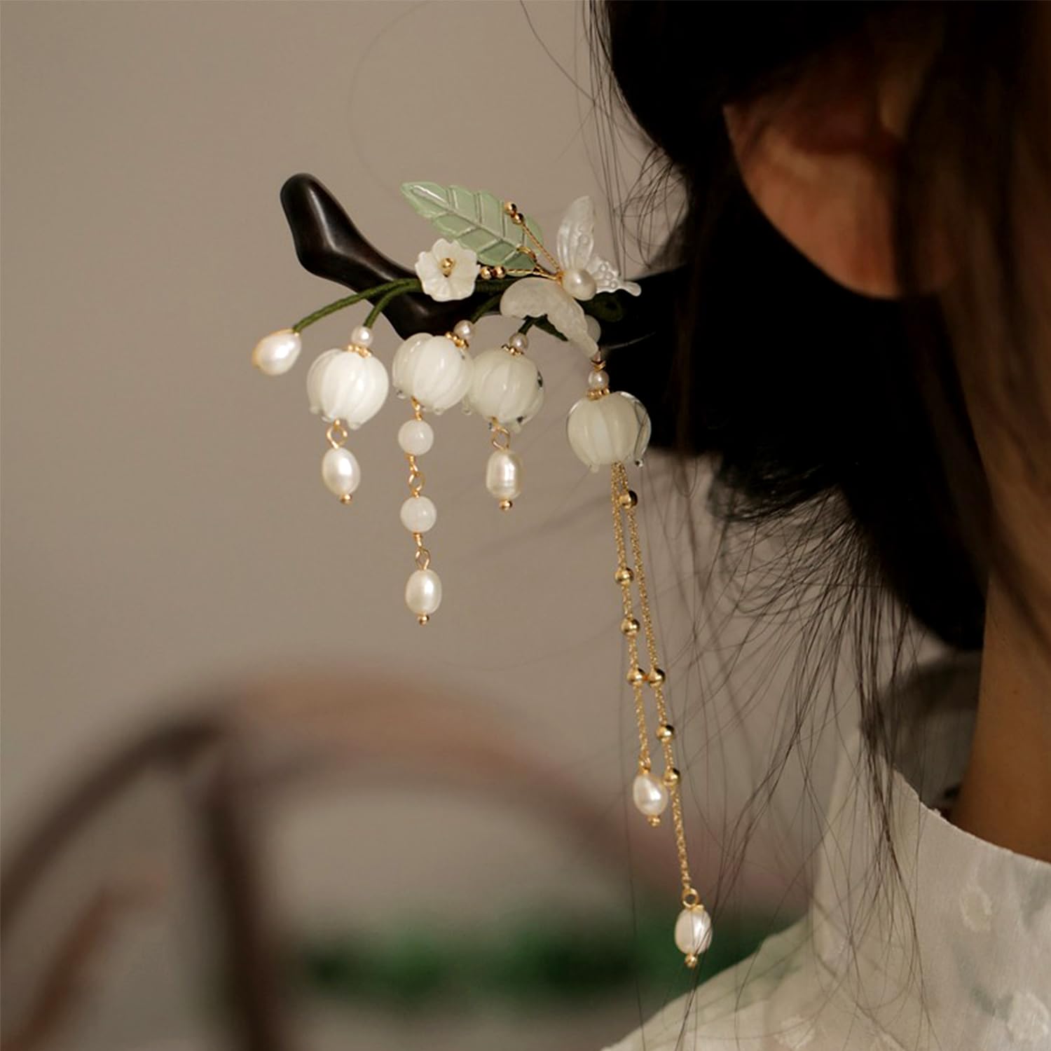 Lilies of the Valley Bell Orchid Pearl Tassel Hair Stick, Butterfly Flowers Hair Chopsticks Hairpin