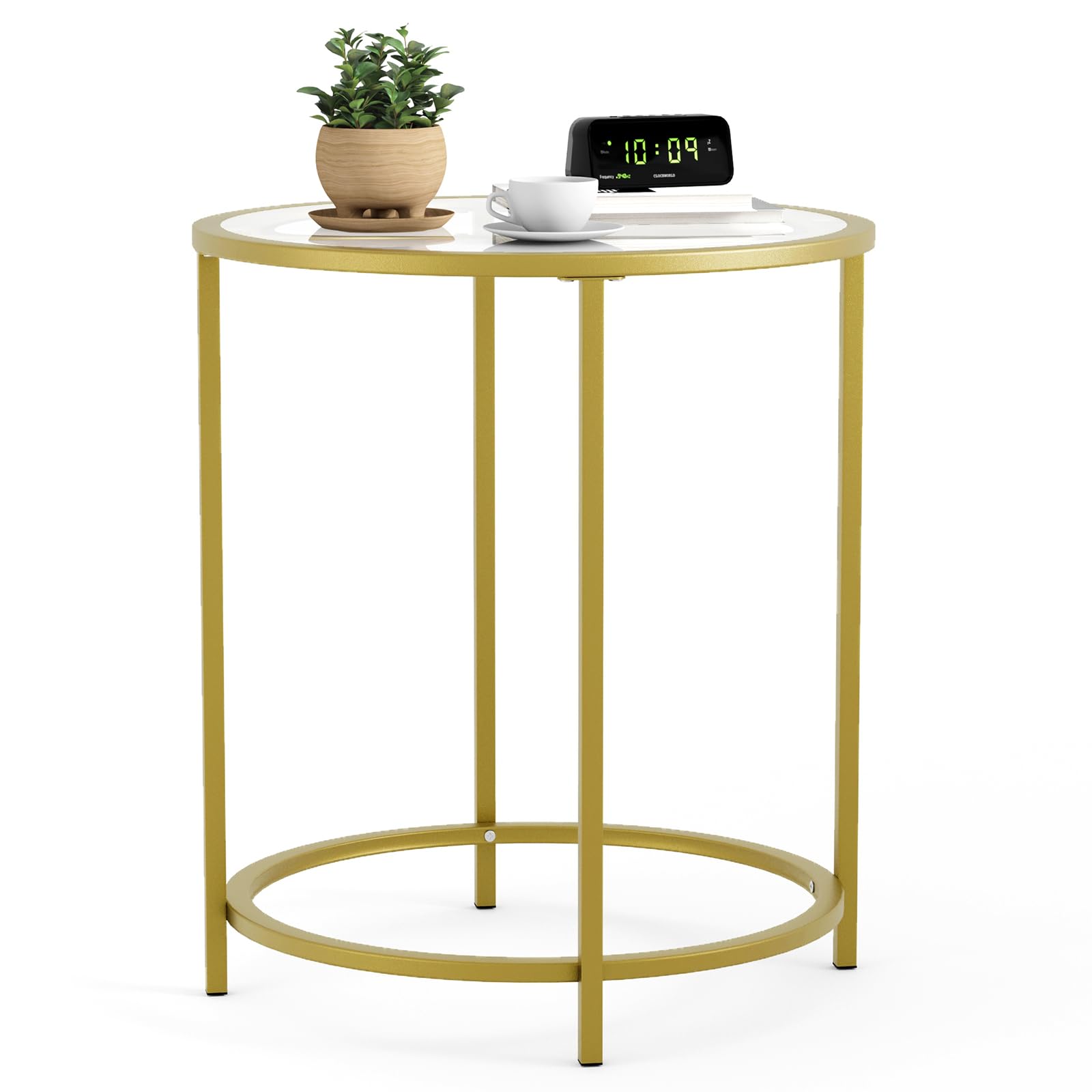 Fixwal Round Side Table, Tempered Glass End Table with Metal Frame, Snack Side Table Coffee Table for Living Room, Balcony, Bedroom, Gold