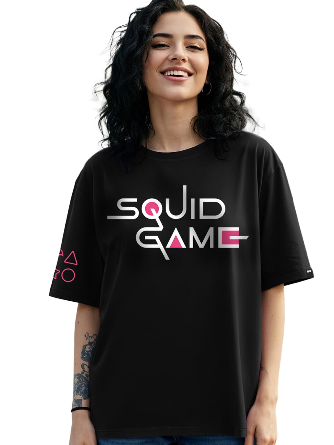 bewakoof Official Squid Game Merchandise Women's 100% Cotton Graphic Print Oversized Fit Round Neck T-Shirt-picture-18
