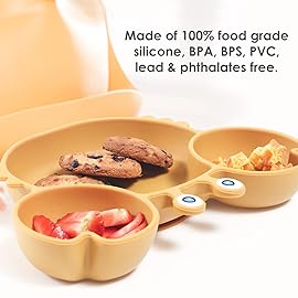 ROCCED Suction Plates for Baby, Silicone Plates with Suction for Baby Divided, Baby Spoon Fork Set for Toddler Baby Dishes Kids Utensils-Crab Yellow