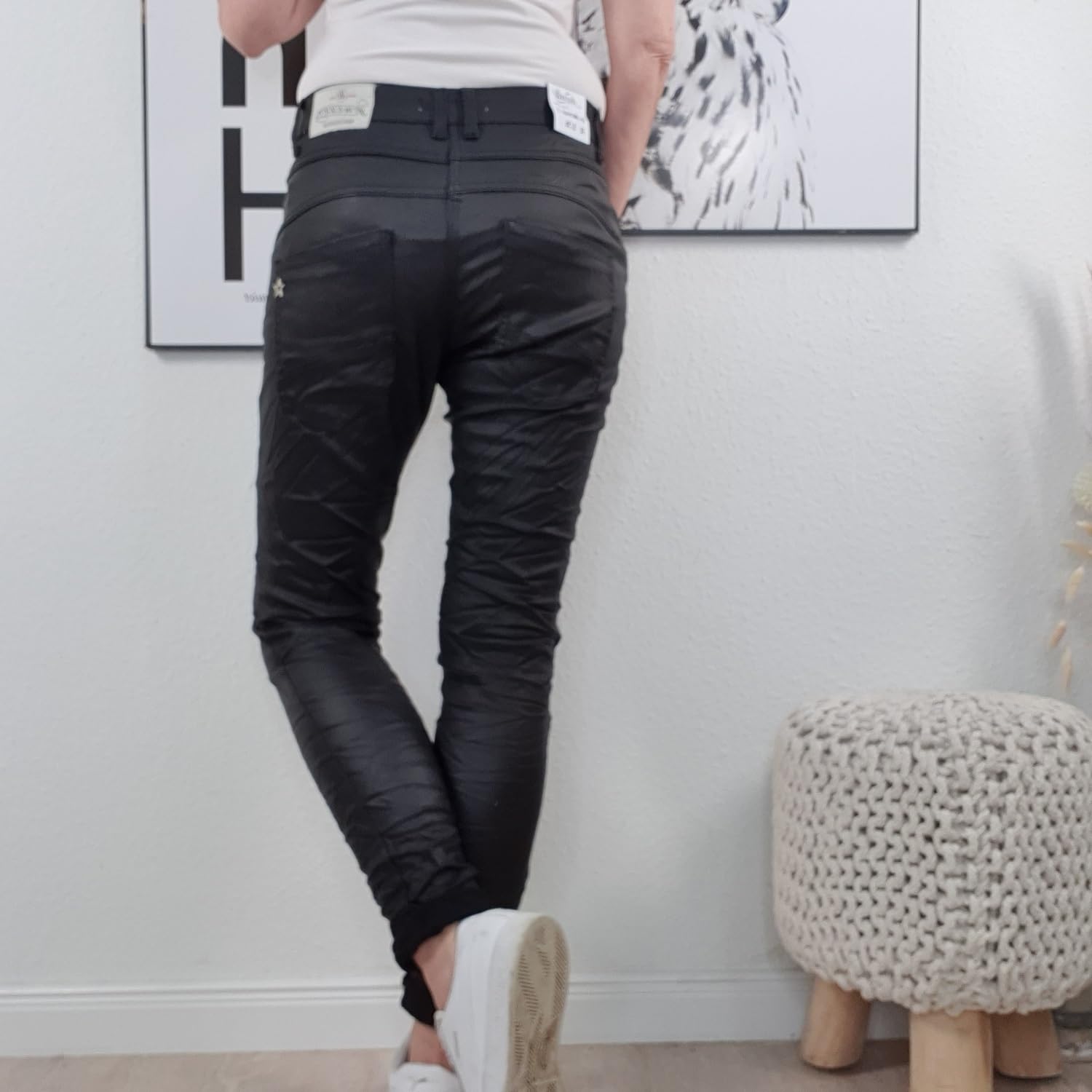 Jewelly Pantalon stretch en faux cuir pour femme - Coupe boyfriend - Avec boutonnière ouverte
