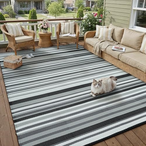 Outdoor Plastic Straw Rug Waterproof Patio 5x8 Black White Stripe Mat for Porch Camping RV Balcony Deck Courtyard Reversible Lightweight Durable Portable Carpet 5' x 8' (Rectangular) Stripe