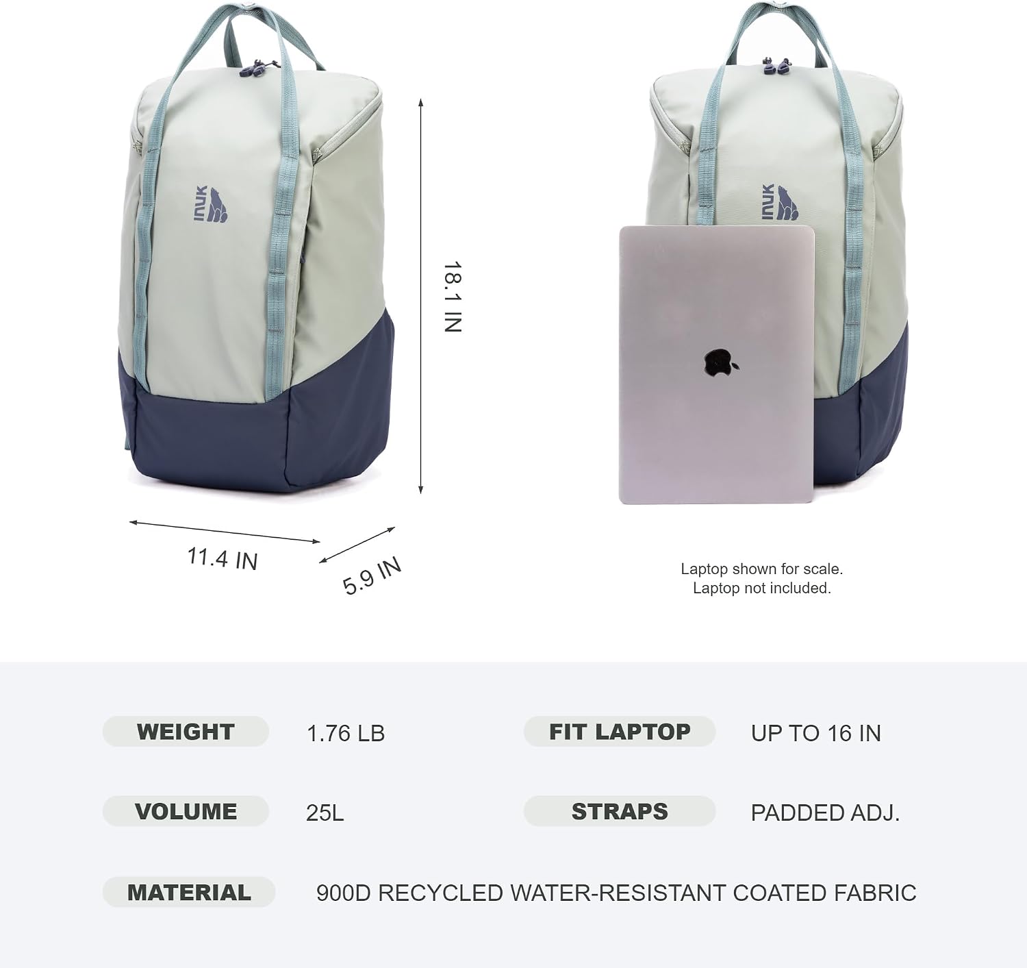 INUK Travel Laptop Backpack, 25L Recycled Waterproof Light Daypack image 4