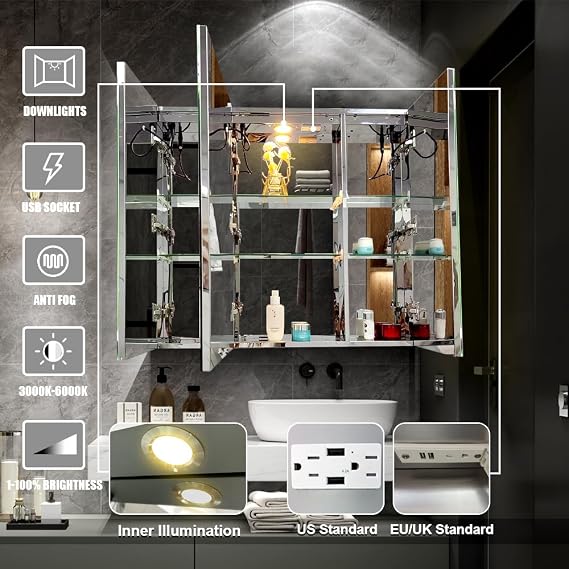 Stainless Steel LED Mirror Cabinet,Bathroom Mirror Cabinet with Light,3 Color,Dimmable,Equipped with Defogger,USB Shavor Socket,Internal Light,91cm×81cm