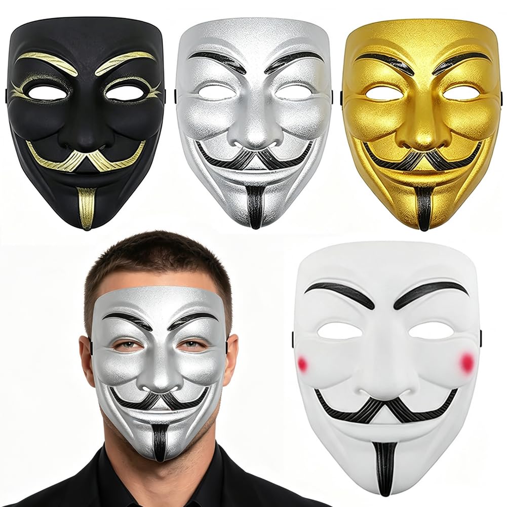 HATFRYF Halloween Scary Masks, 4 PCS Halloween Costume Cosplay Party Anonymous Mask for Adults Unisex, 4 Colours, 19 * 16CM