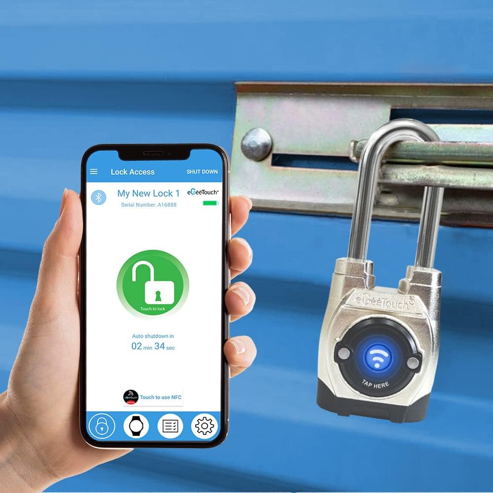 eGeeTouch 5th GEN Outdoor Smart Padlock – (Single, Long Shackle) Keyless Bluetooth & NFC Lock, Weatherproof Security for Gates, Sheds, and Bikes - Convenient App Control & Reliable Durability