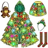 Christmas Tree Costume Kids,Hooded Cape & Skirt Dress Up Set,Princess Cape,Kid Christmas Outfits,Light Up Outfit with Gingerbread Bag & Socks,Christmas Costumes for Kids Ages 3–8 Multicolor