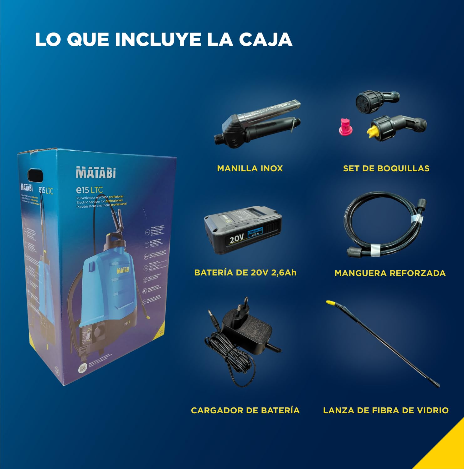 Matabi e15LTC Pulverizador Eléctrico 15L - Batería Litio 20V - 4 Boquillas | 2 Modos Pulverización Homogénea - Sulfatadora Batería 25 Depósitos - Aplicaciones Agrícolas, Huertos y Jardinería Profesional