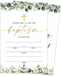 Greenery Baptism Invitation, Eucalyptus Baptism Card for Boys Girls, 25 Invitation Cards With Envelopes, Baby Christening Naming Ceremony Religious Celebration Invite Card Set -004