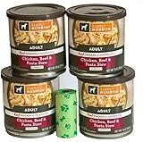 SIMPLY NOURISH Adult Dog 4-10 Ounce Cans. Chicken, Beef & Pasta Stew Shreds Plus Dog Waste Bag.