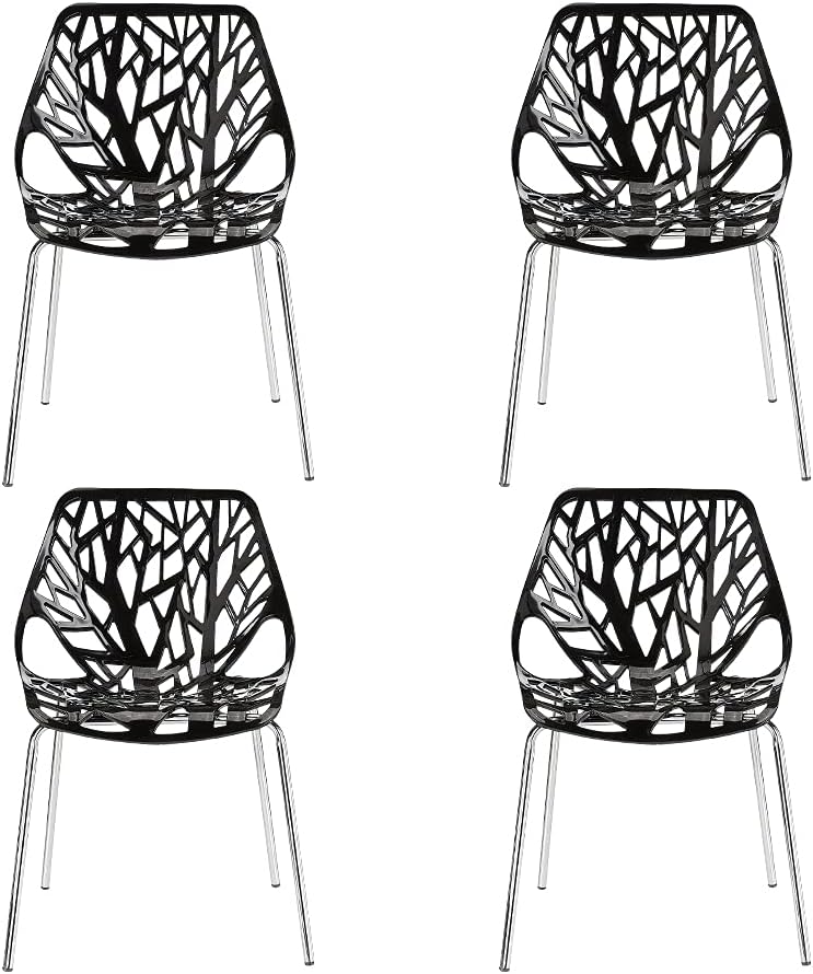 CangLong Modern Mid Century Plastic Shell Hollow Matal Legs Dining Chairs, set of 4, Black