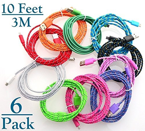 Josi Minea 6 Pcs Fabric Braided Nylon Ruggedized Micro USB Rainbow Cables 10 Feet / 3 Meter Sync Data Charging Cable USB Cord Wire - 10Ft/3M (6 Pack)