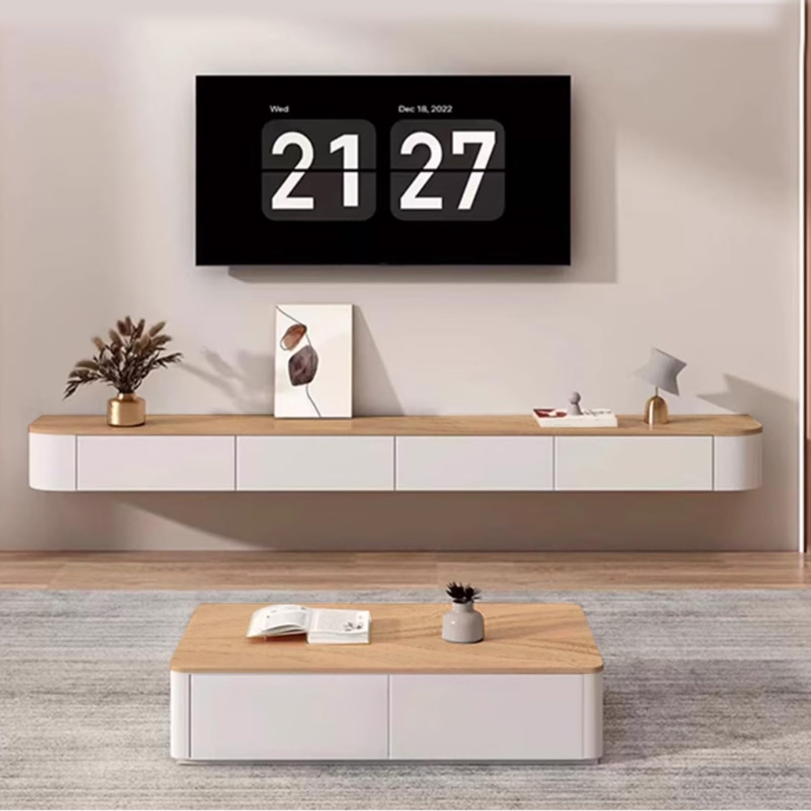 Mobile TV A Parete, Consolle TV Sospesa In Legno Massello Con Mobile Bianco E Piano In Legno Mensola Multimediale Minimalista Per Soggiorno Disponibile Nelle Misure Da 120 A 300 Cm(120CM/47.2IN)
