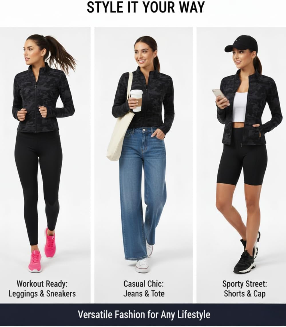 Running Jacket for Women Active Jackets Windproof Warm Full Zip Camo Print Thumb Holes for Running Yoga Winter Wear