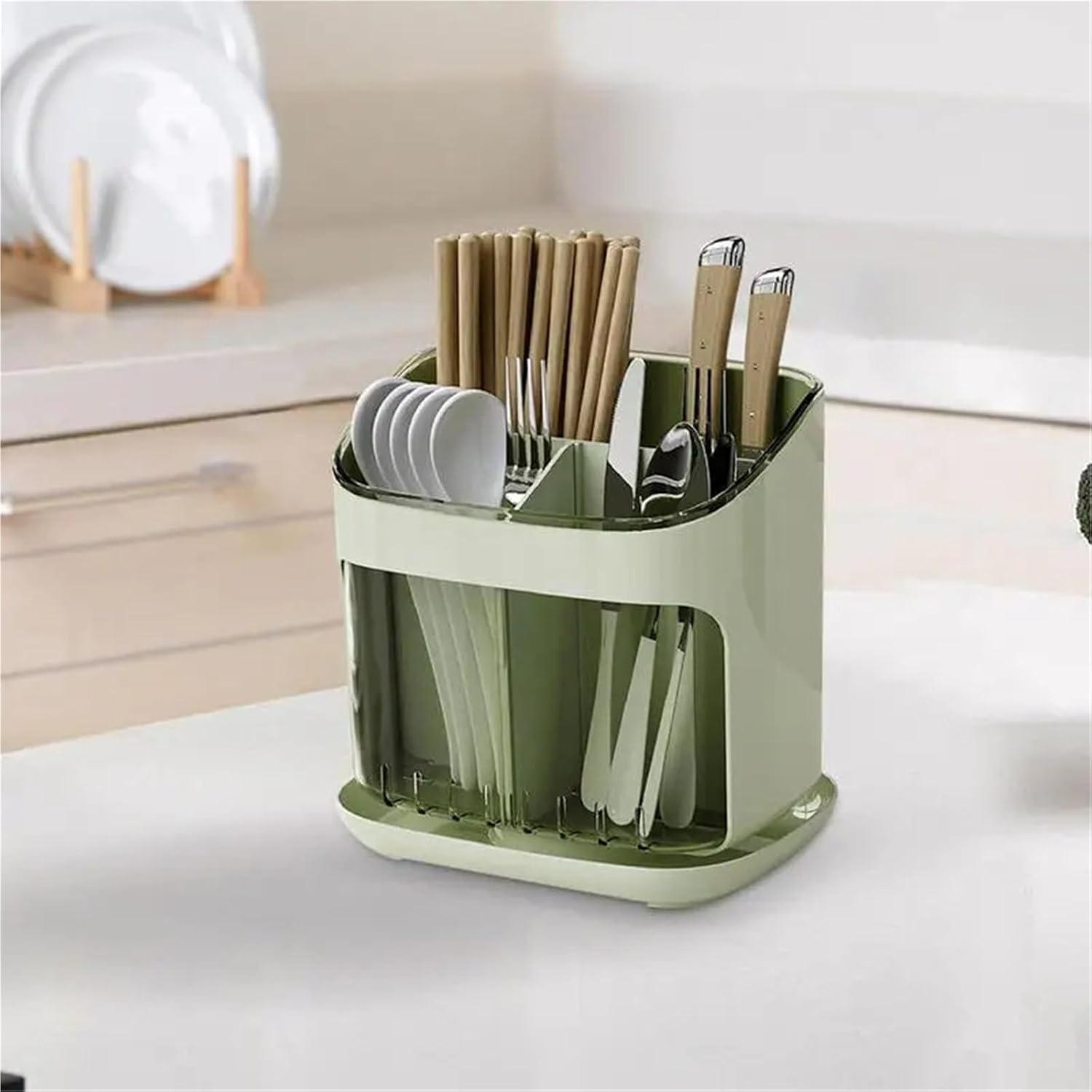 Detachable Utensil Holder with Divided Compartments, Composite Tableware Organizer for Kitchen Counter, Chopstick Spoon and Fork Storage Caddy (White/Black/Green)(White)